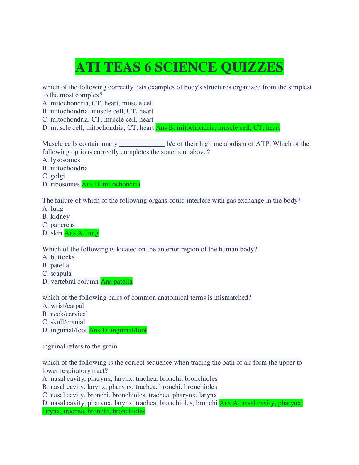 Preview image of ATI TEAS 6 SCIENCE QUIZZES document